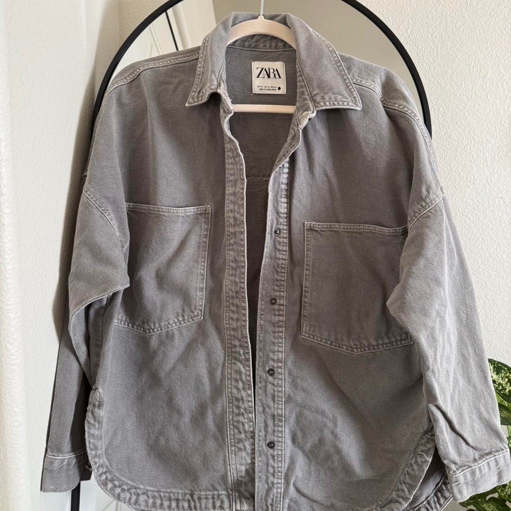 Zara Washed Gray Oversized Button Up Shacket Jacket Sz L